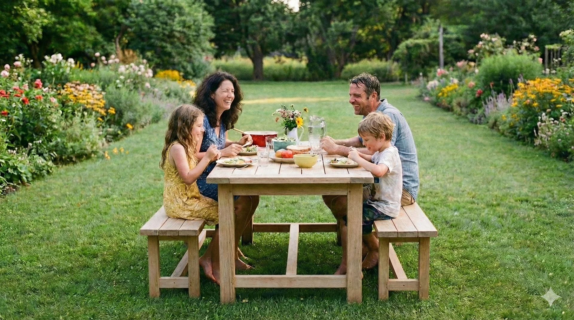 Illustrazione: la stessa famiglia in giardino con il prato asciutto grazie alla subirrigazione
